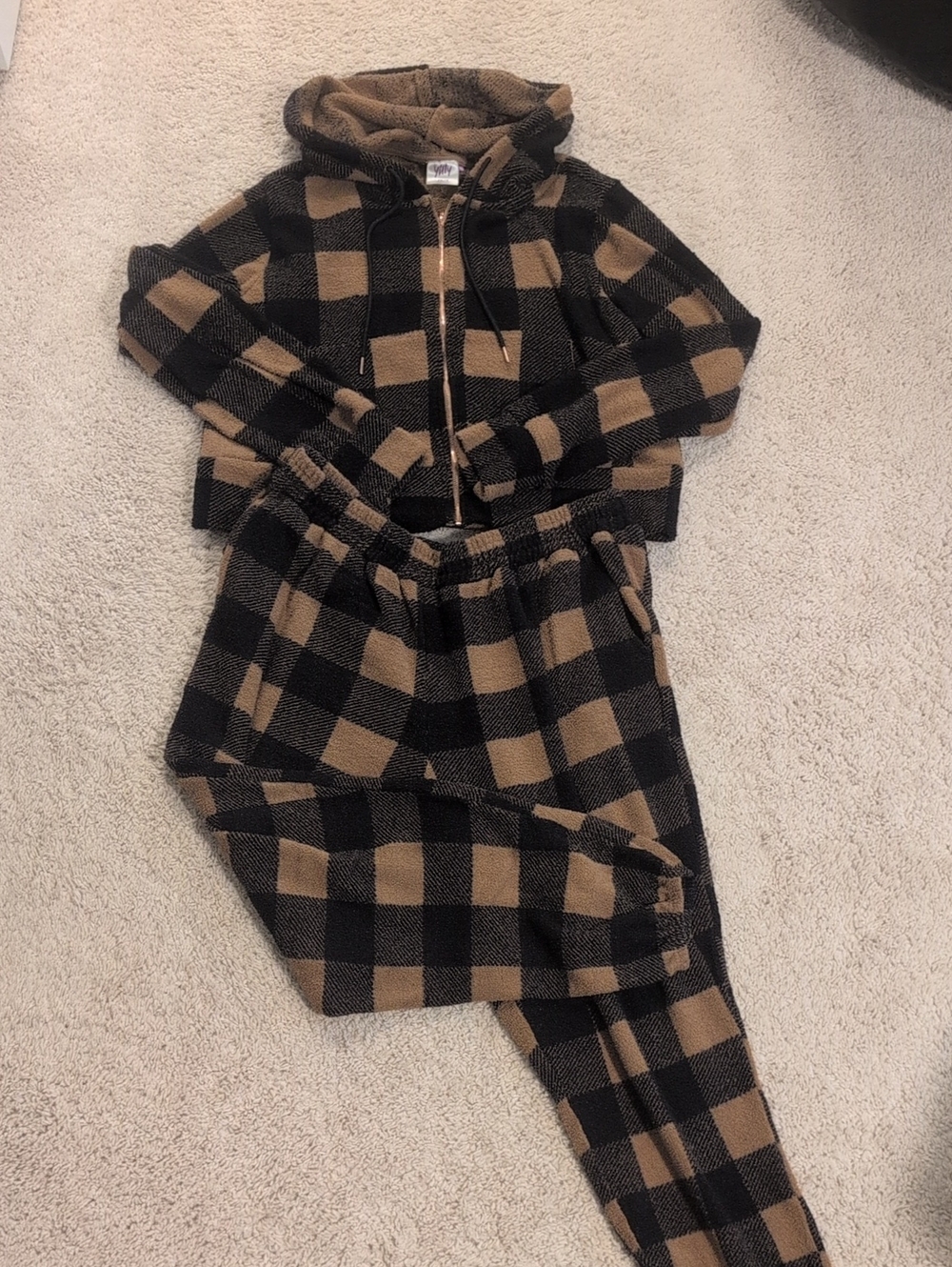 YITTY Tan and Black Buffalo Plaid Sherpa Hoodie Set With Hearts